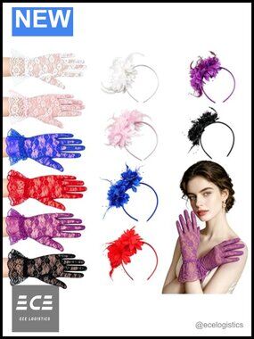 Vintage Style Headband and Glove Set with Feather Mesh Pearl Accents